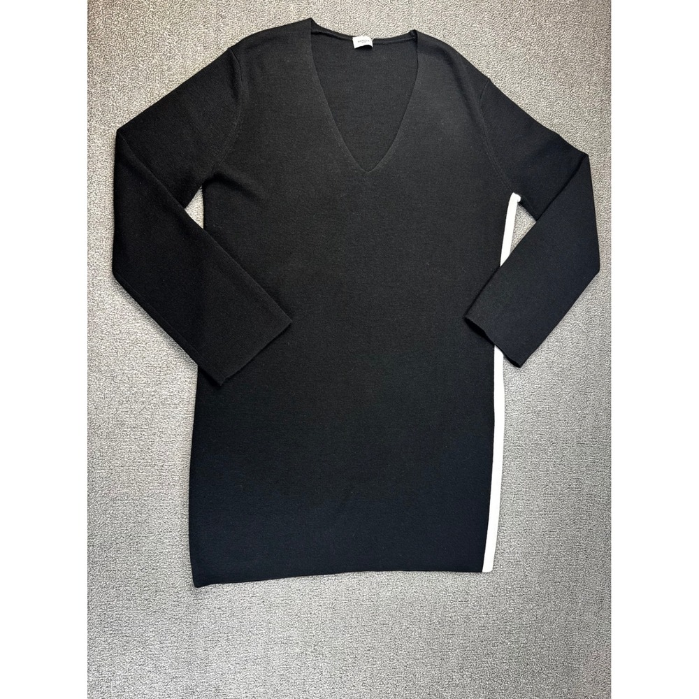 Marella Sport Sweater Womens Large Black V-Neck Knit Tunic White Side Stripe